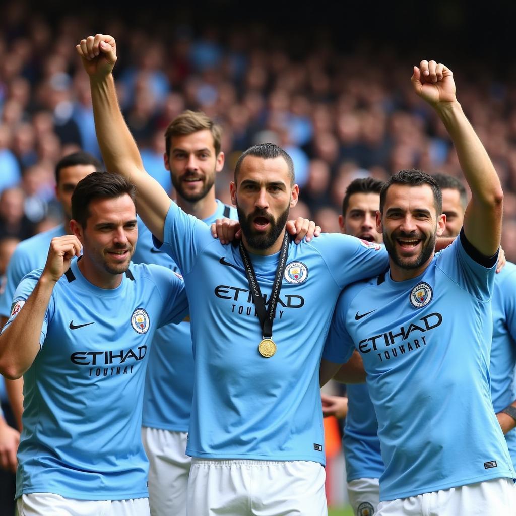 A Negredo ăn mừng chức vô địch Premier League cùng Manchester City.