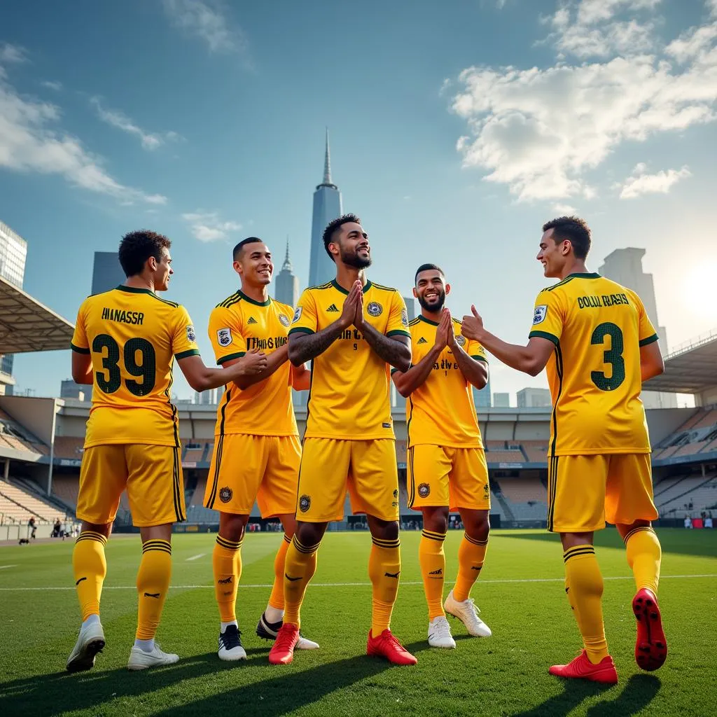 Al-Nassr players celebrating a victory with Riyadh skyline in the background