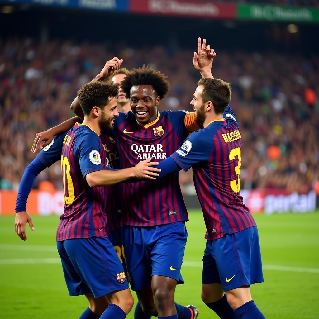 Ansu Fati celebrates a goal for Barcelona with his teammates, showcasing the passion and joy he brings to the pitch.