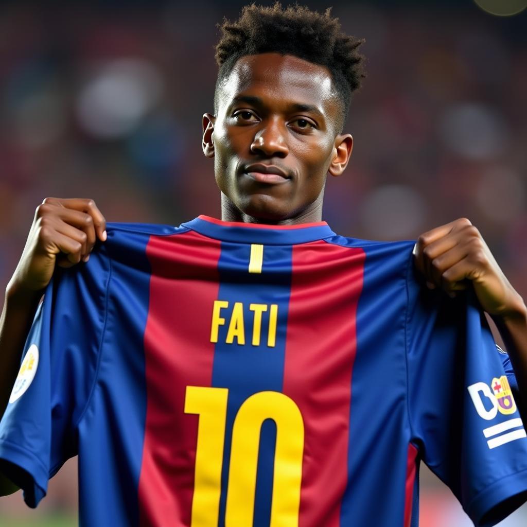 Ansu Fati holding his Barcelona jersey with the number 10 on it.