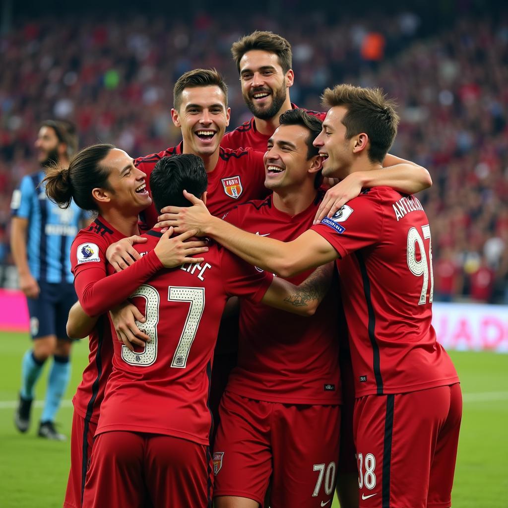 Antoni Sarcevic celebrates a goal with his teammates