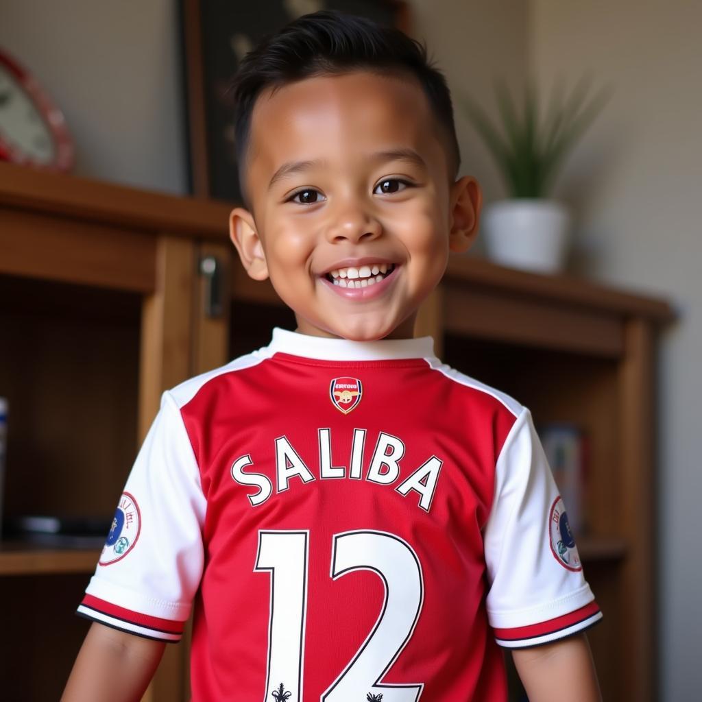 Cổ động viên Arsenal với áo đấu in số 12 của Saliba