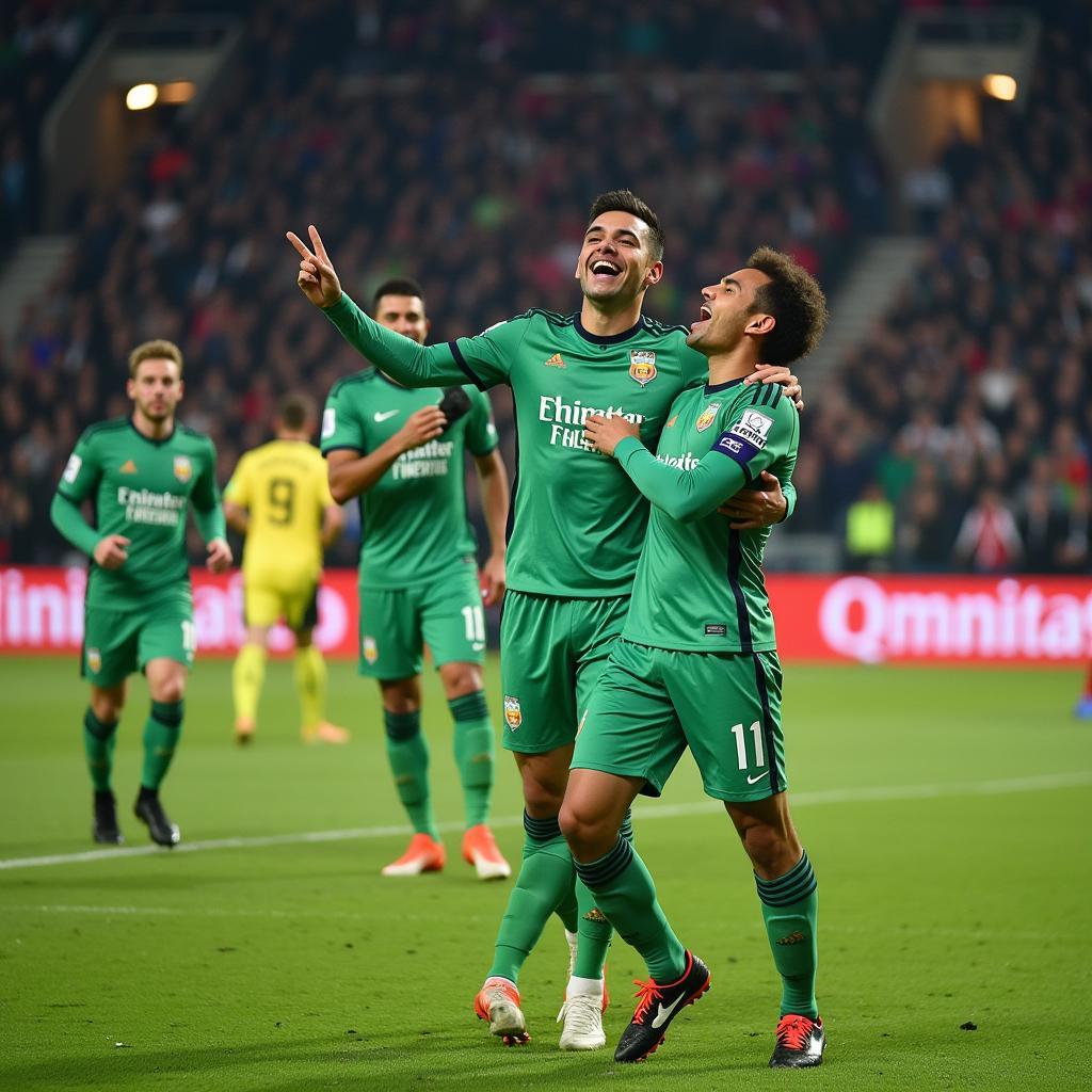 AS Saint-Étienne players celebrate a goal in their iconic green jerseys