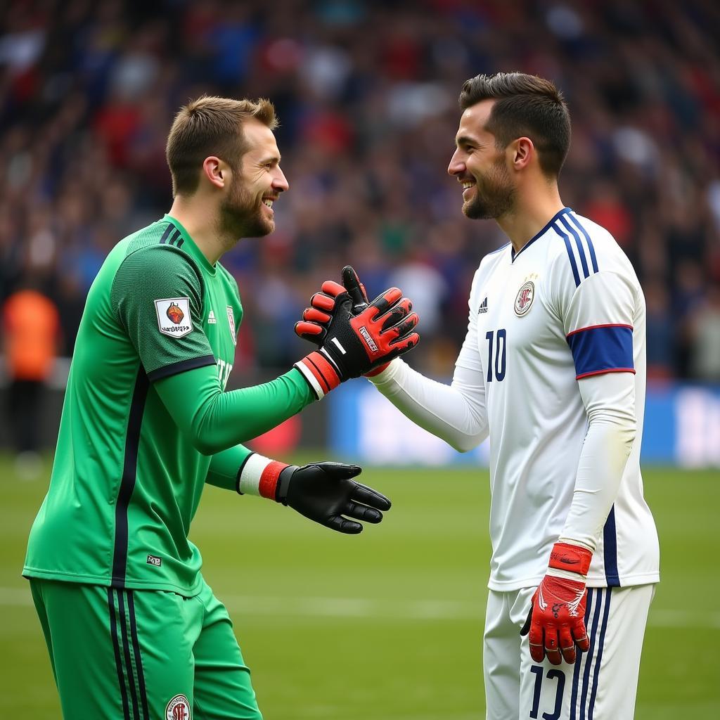 Augusto Batalla shakes hands with the opposing team's goalkeeper after a match.