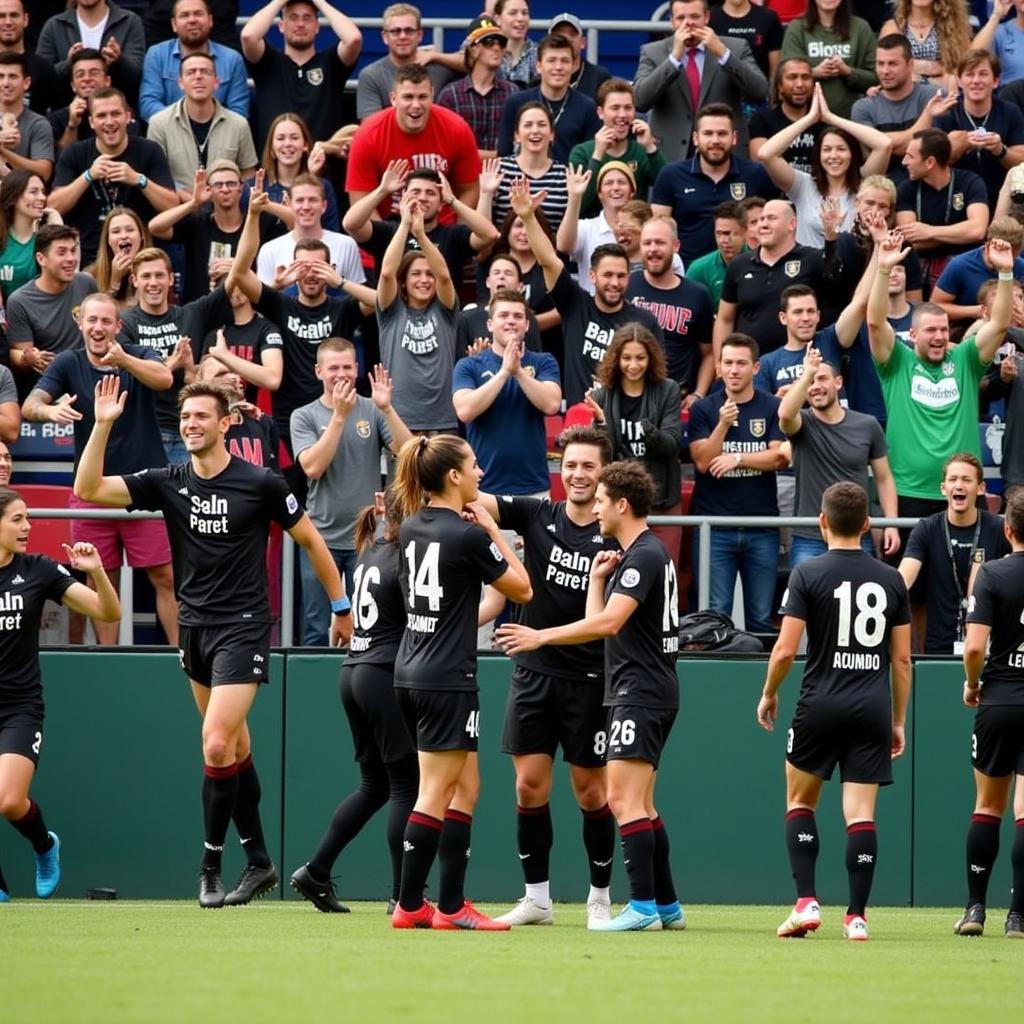 Austin FC players celebrating a victory with their fans