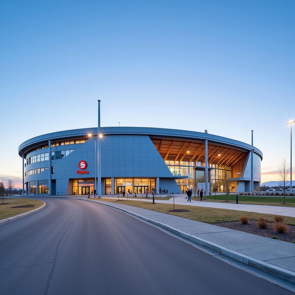 Hình ảnh bên ngoài sân vận động Stade Saputo Stadium với kiến trúc hiện đại và ấn tượng.