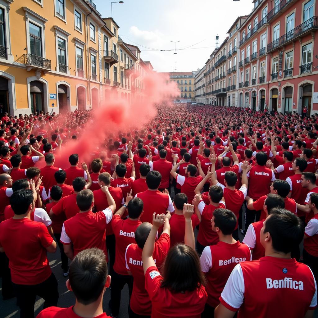 Benfica fans celebrating in the streets of Lisbon