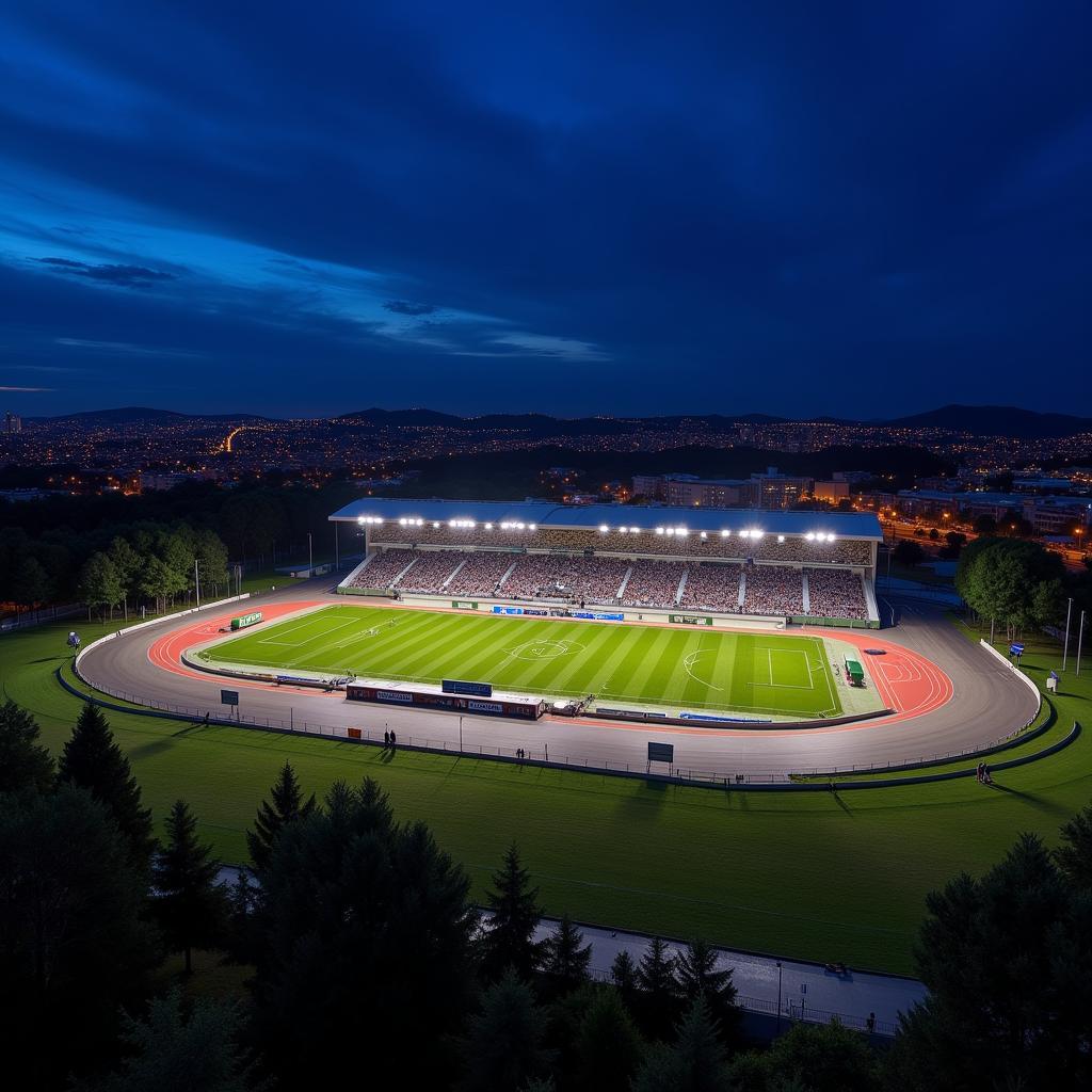 Brianteo Stadium lung linh ánh đèn về đêm, trở thành điểm nhấn kiến trúc nổi bật của thành phố Monza.