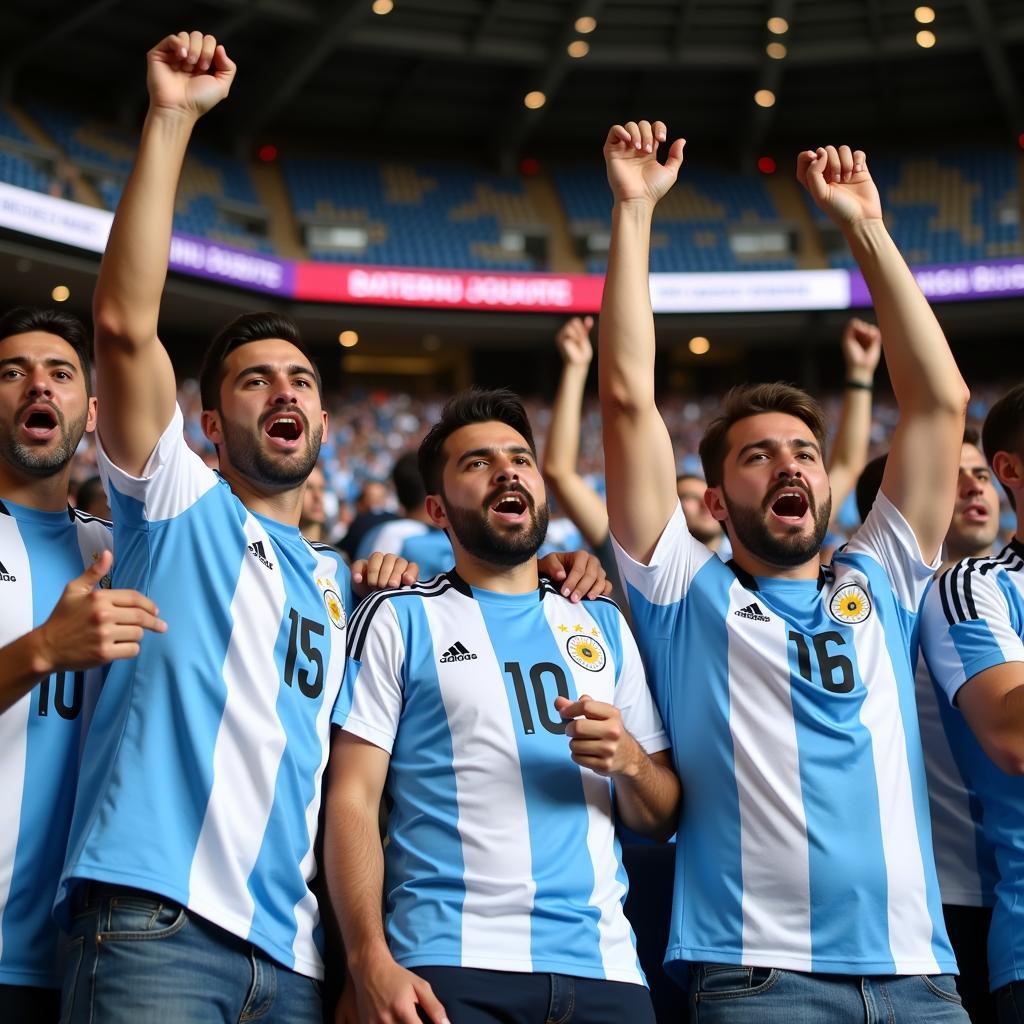 Passionate Argentinian football fans celebrating a victory, their faces painted in the national colors, showcasing the deep-rooted football culture of Argentina.