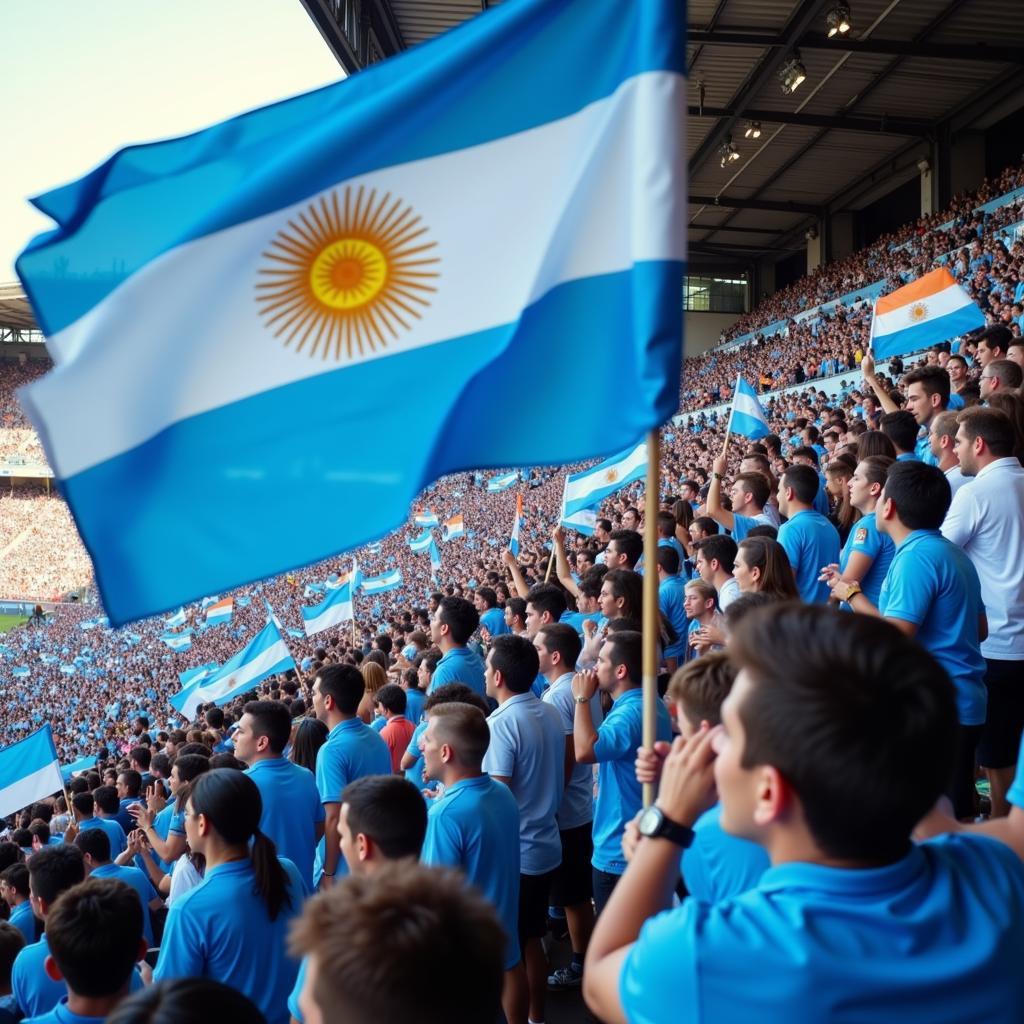 Argentine fans at Estadio Kempes: A sea of passionate supporters decked out in the national colors, waving flags and cheering for their team