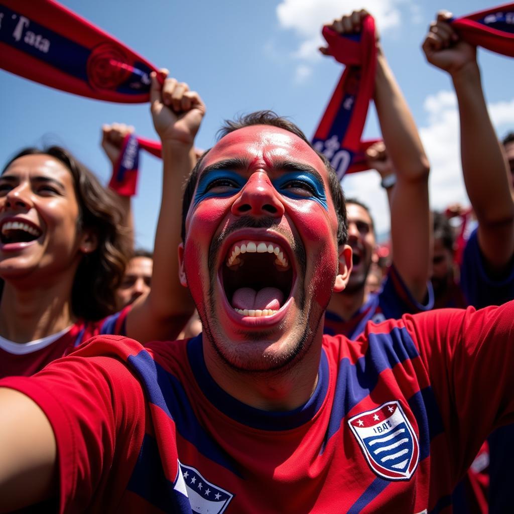 Passionate fans of Deportivo Saprissa, known as "La Ultra Morada," cheer for their team at the Ricardo Saprissa Stadium. The fans are known for their vibrant displays of support, including flags, banners, and chants, creating an intimidating atmosphere for opposing teams.