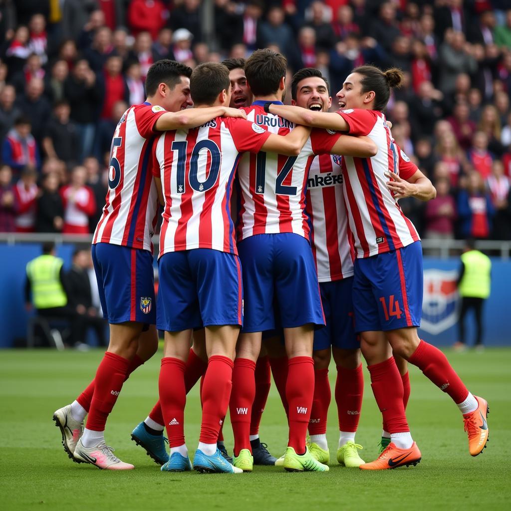 Cầu thủ Atletico Madrid B ăn mừng bàn thắng