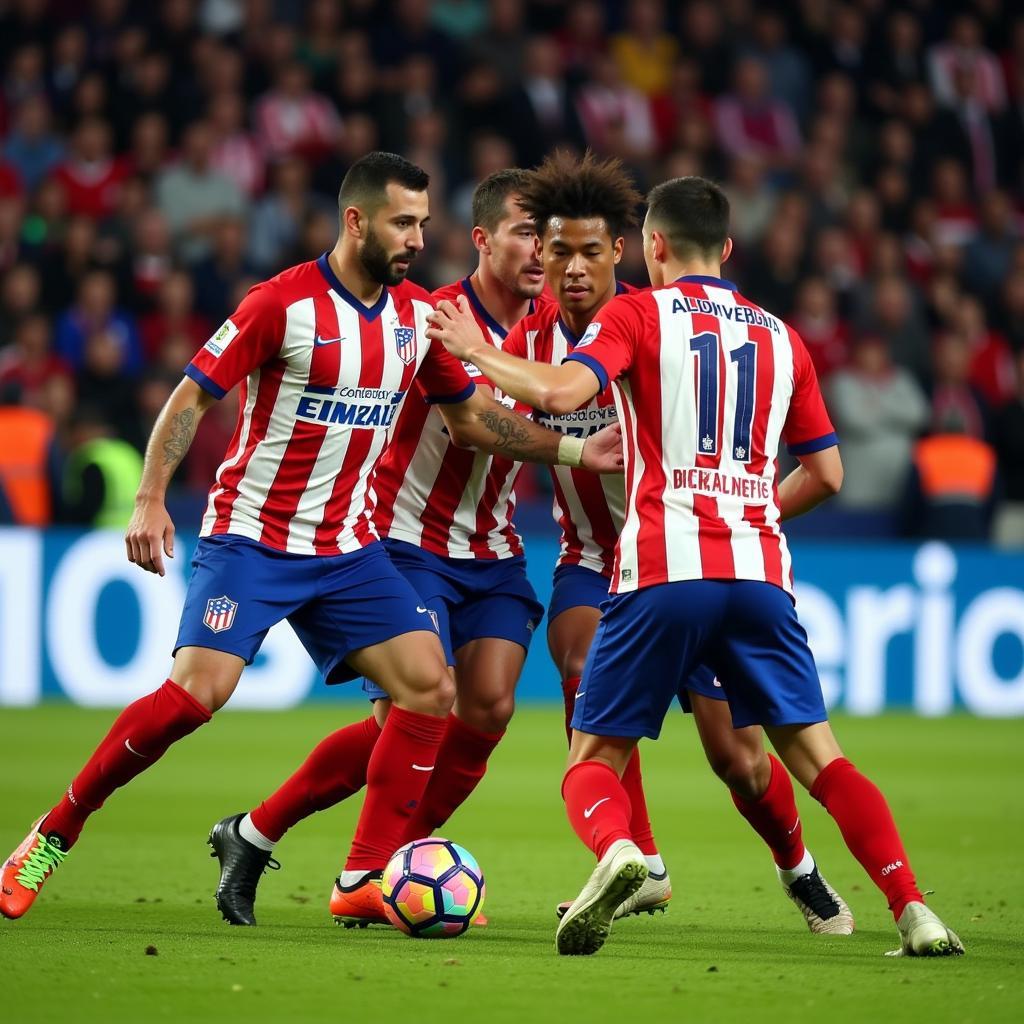 Các cầu thủ Atletico Madrid phòng ngự kiên cường