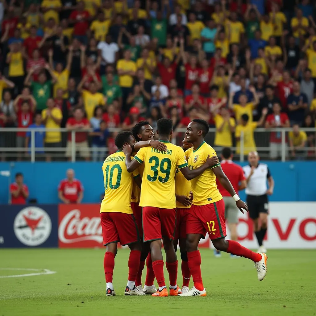 Các cầu thủ Congo ăn mừng bàn thắng với người hâm mộ tại Stade de Martyrs, thể hiện tinh thần đoàn kết và niềm vui chiến thắng.