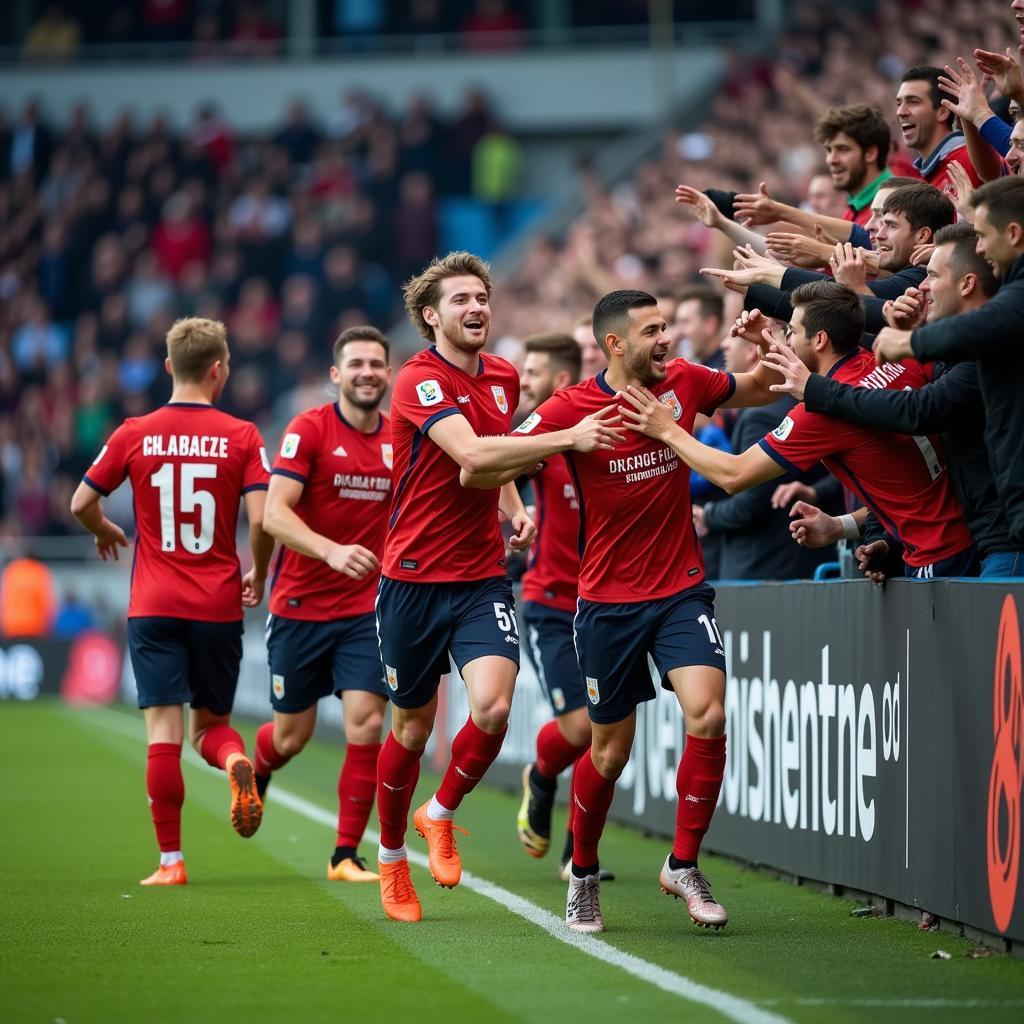 Diosgyori VTK players celebrating a goal with their fans