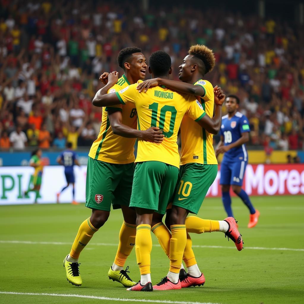 Togolese players celebrating a goal at Stade de Kégué