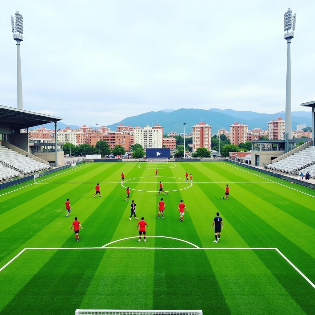 Cầu thủ trẻ tập luyện tại Pendik Stadium - Hình ảnh các cầu thủ trẻ đang miệt mài tập luyện trên sân cỏ xanh mướt của Pendik Stadium dưới sự hướng dẫn của huấn luyện viên.