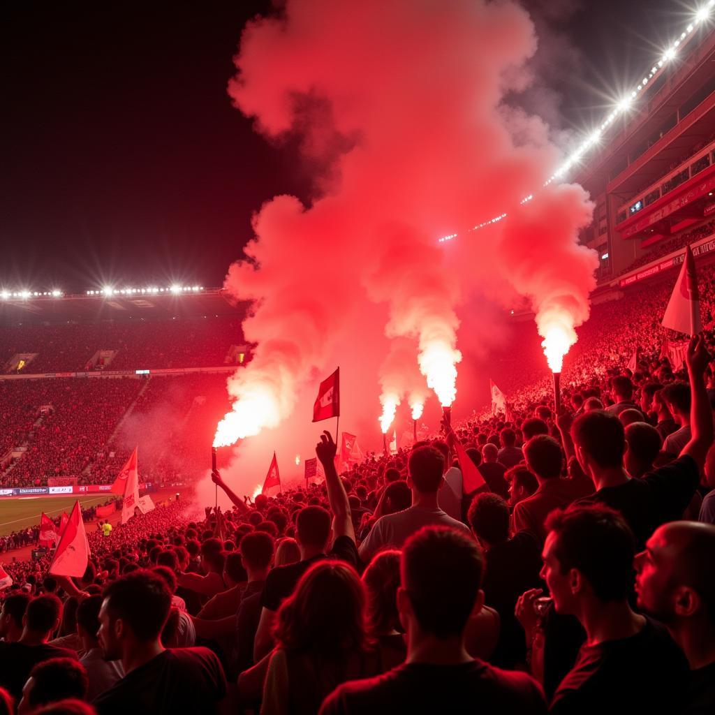 Olympiacos fans creating a fiery atmosphere in the stadium