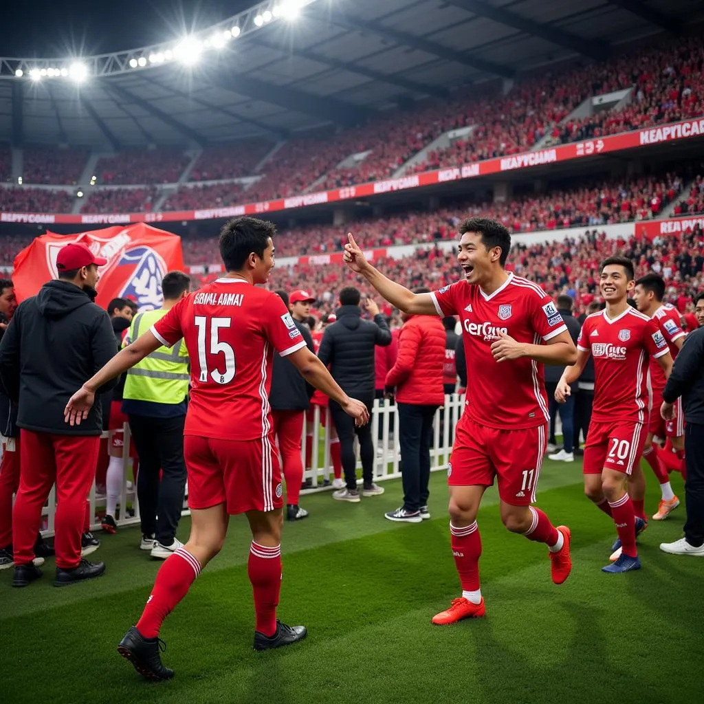 Celebrating a goal at Nagai Stadium