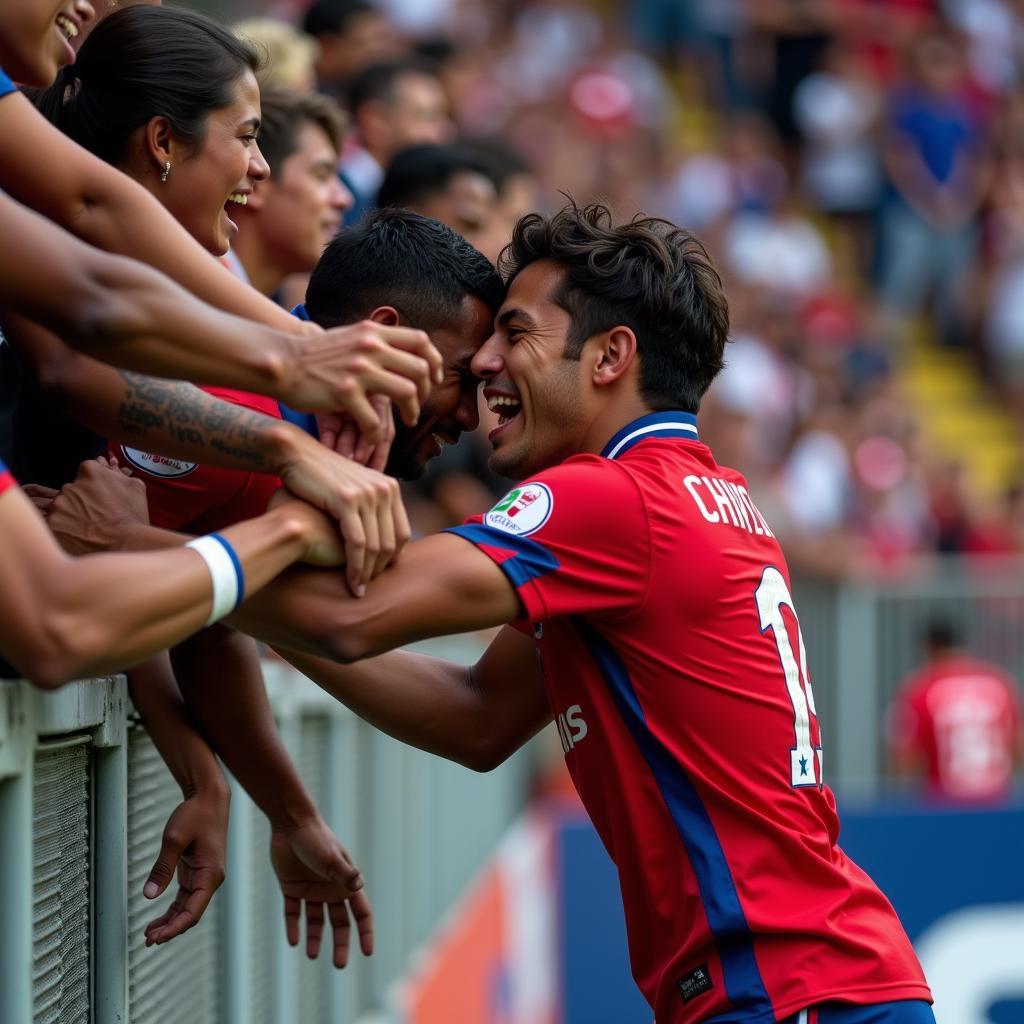 Chivas Guadalajara player celebrating goal with fans