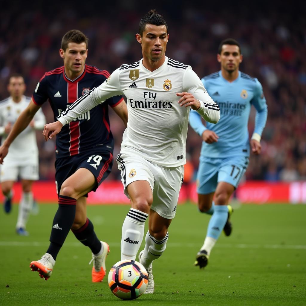 Cristiano Ronaldo dribbling past defenders