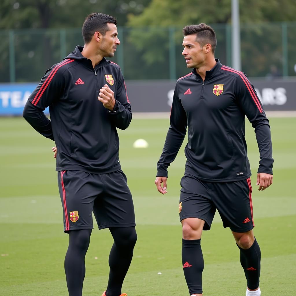 Cristiano Ronaldo tập luyện cùng huấn luyện viên với thể lực sung mãn.