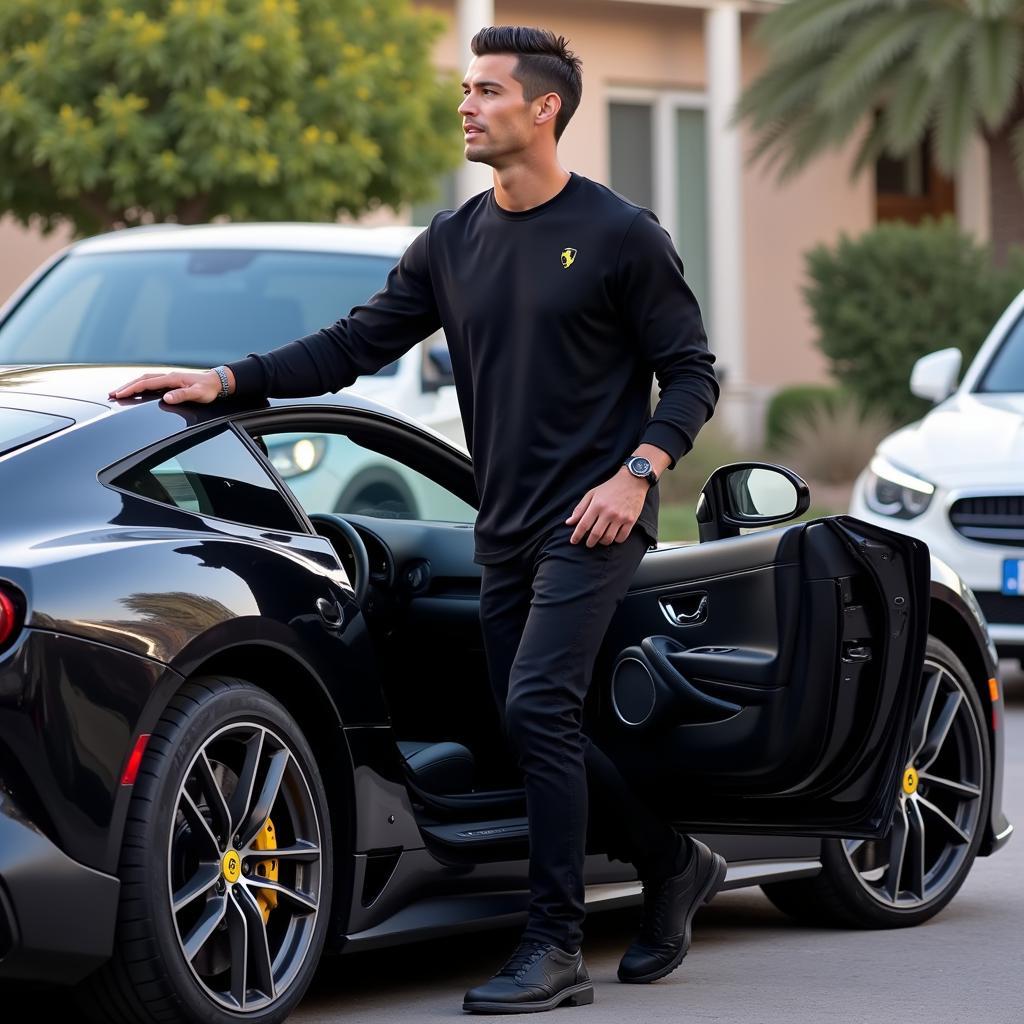 Cristiano Ronaldo bước ra từ chiếc Ferrari của mình.