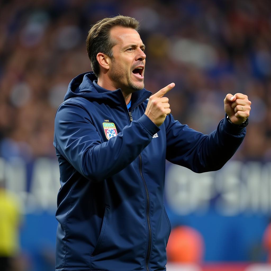 Cruz Azul manager intensely giving instructions to players during a match.