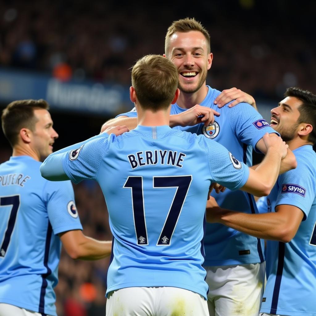 De Bruyne celebrates a goal with his Manchester City teammates