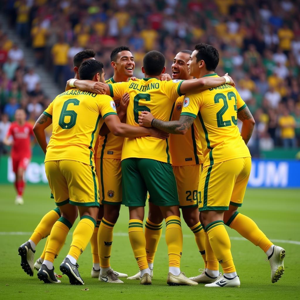 Diego Bejarano celebrating a goal with teammates