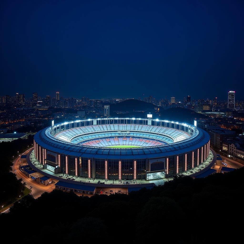 Estadio Azteca night view, illuminated against the Mexico City skyline