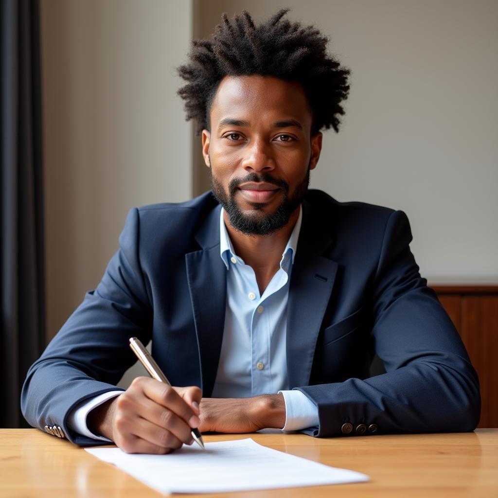 Eyong Enoh signing his first professional contract, a significant milestone in his football journey.