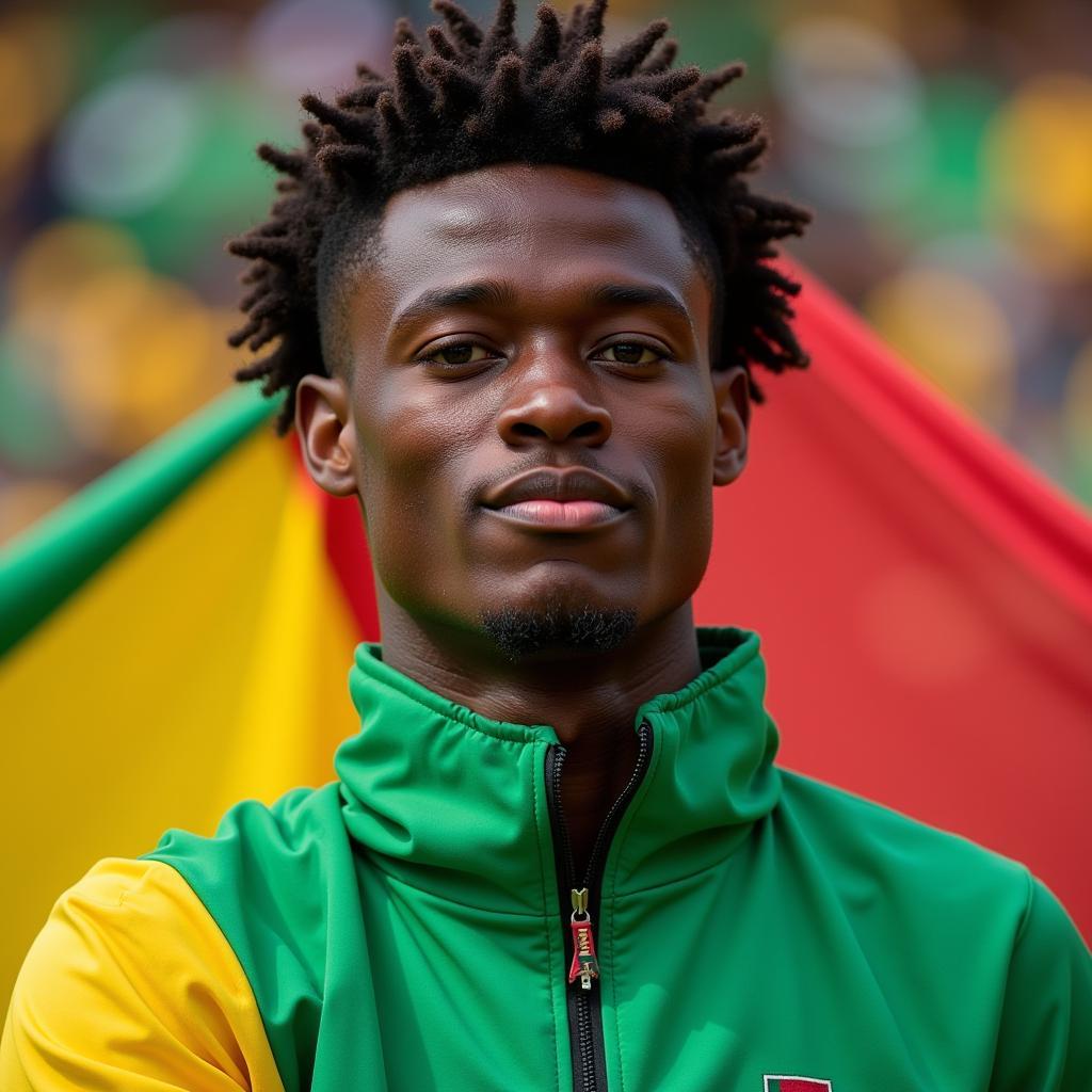 Eyong Enoh proudly representing Cameroon on the international stage, a testament to his talent and dedication.