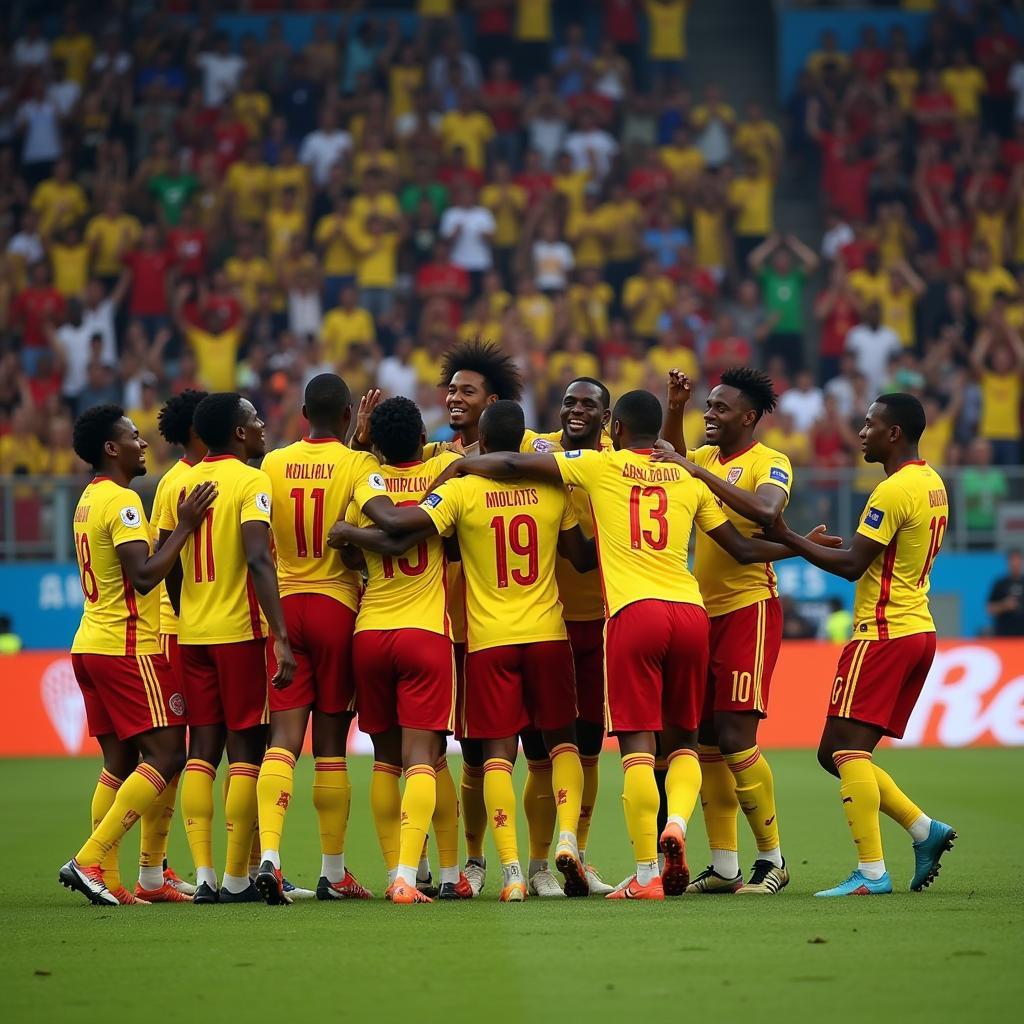 Ghana soccer team celebrating a victory