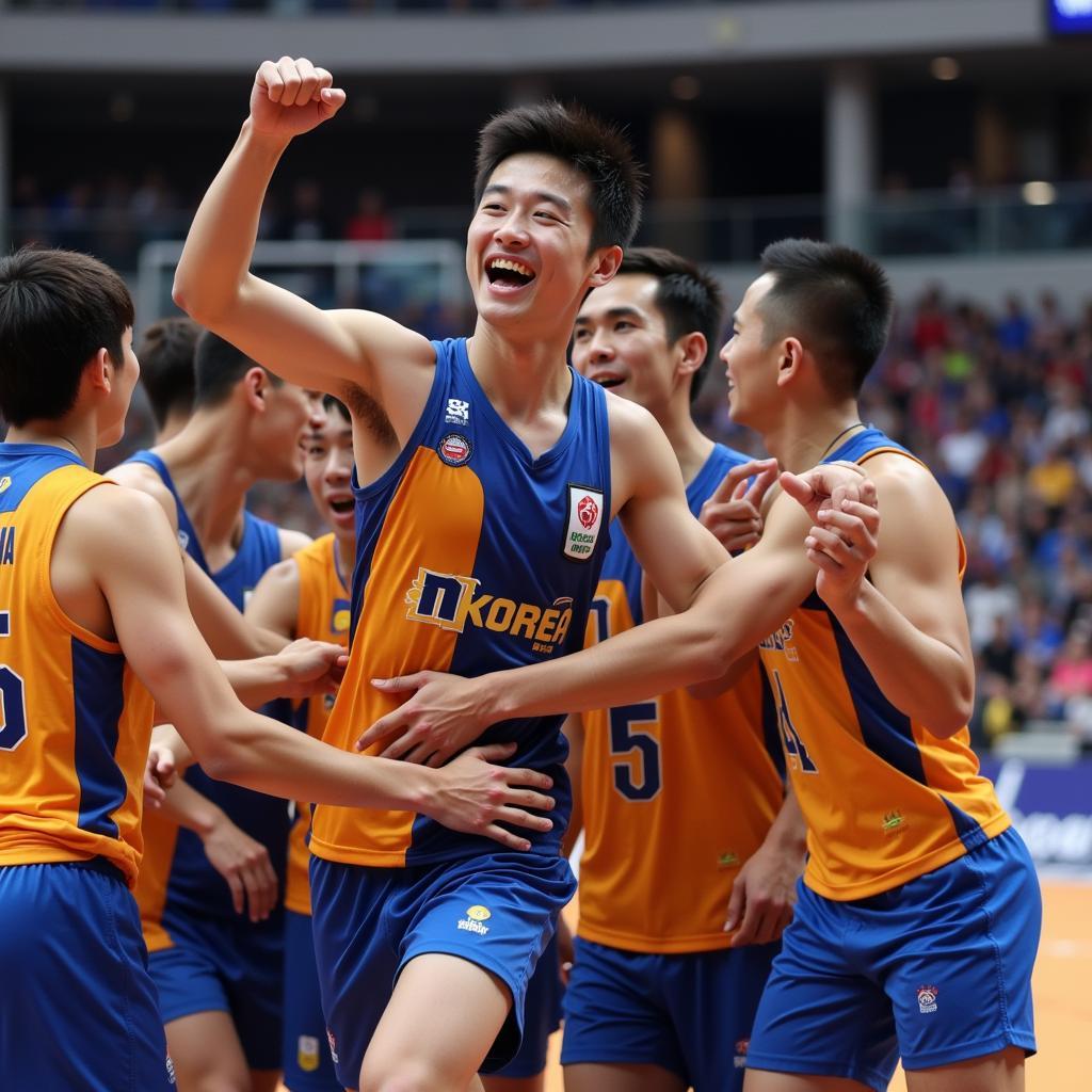 Gyeong Lee celebrating a goal with his teammates