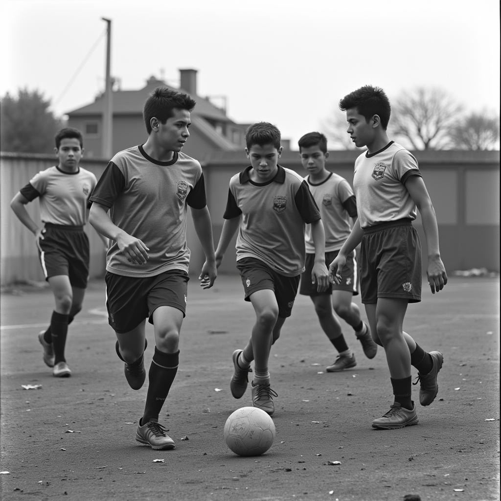 The early days of FC Ranger's: A group of young, aspiring footballers gather on a dusty field, their faces full of hope and determination as they chase the ball.