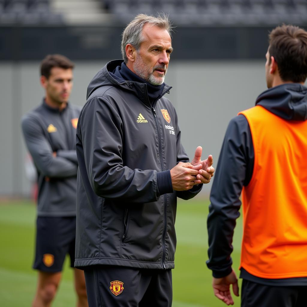 Libertad's coach giving instructions to his players during a training session