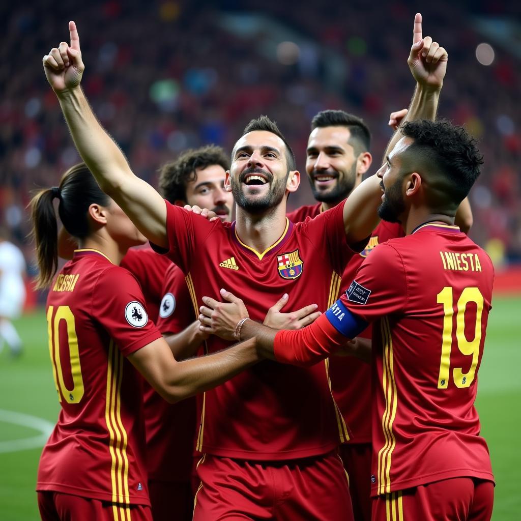 Andres Iniesta celebrating a goal with his teammates