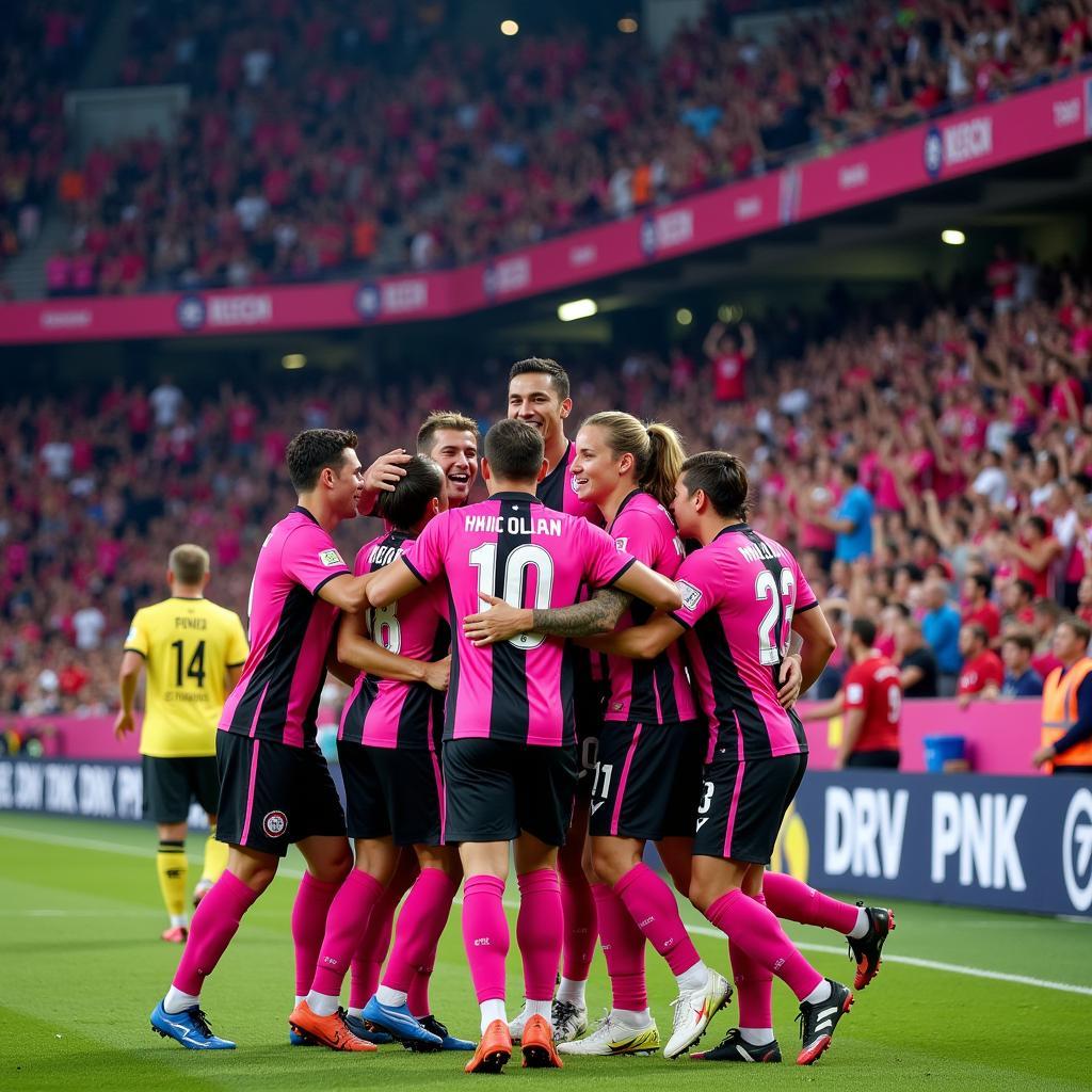 Inter Miami CF players celebrating a victory at DRV PNK Stadium