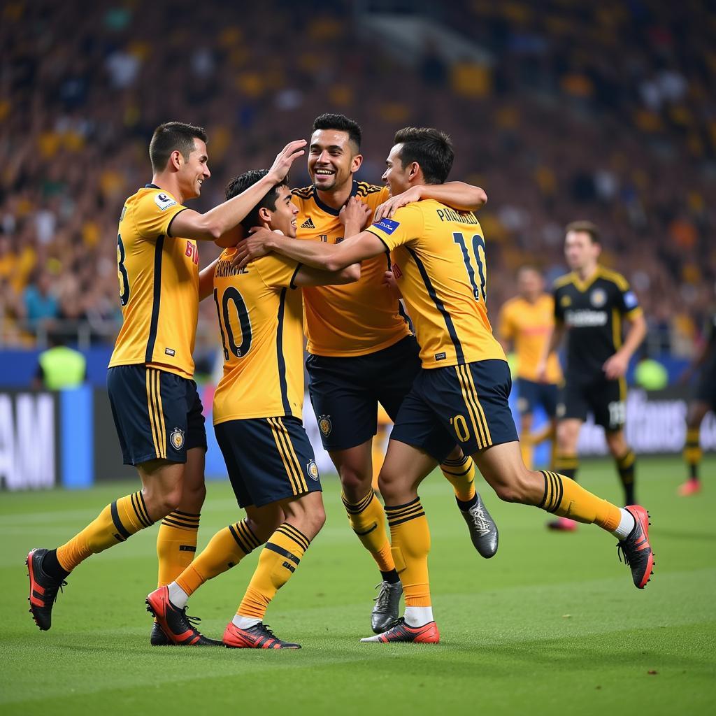 Iván Jaime Pajuelo celebrating a goal with his teammates, embodying the joy and camaraderie of football.