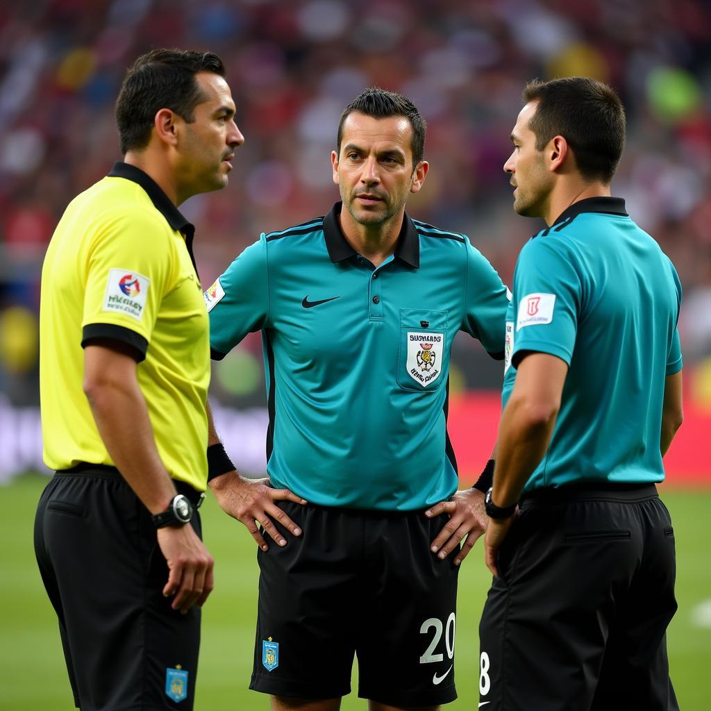 Jair Marrufo discusses with his fellow referees.