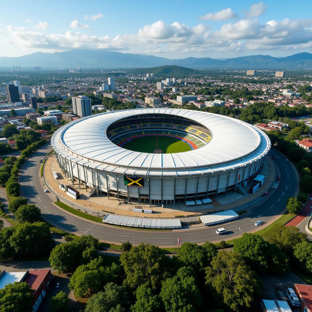 Jamaica National Stadium Aerial View: A panoramic view showcasing the stadium's vast size and its surrounding landscape in Kingston, Jamaica.