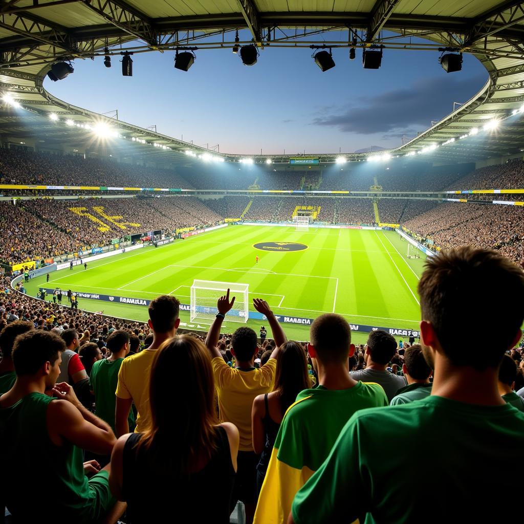 Jamaica National Stadium Crowd Cheering: A vibrant image of the crowd inside the stadium, cheering enthusiastically during a sporting event, highlighting the electrifying atmosphere.