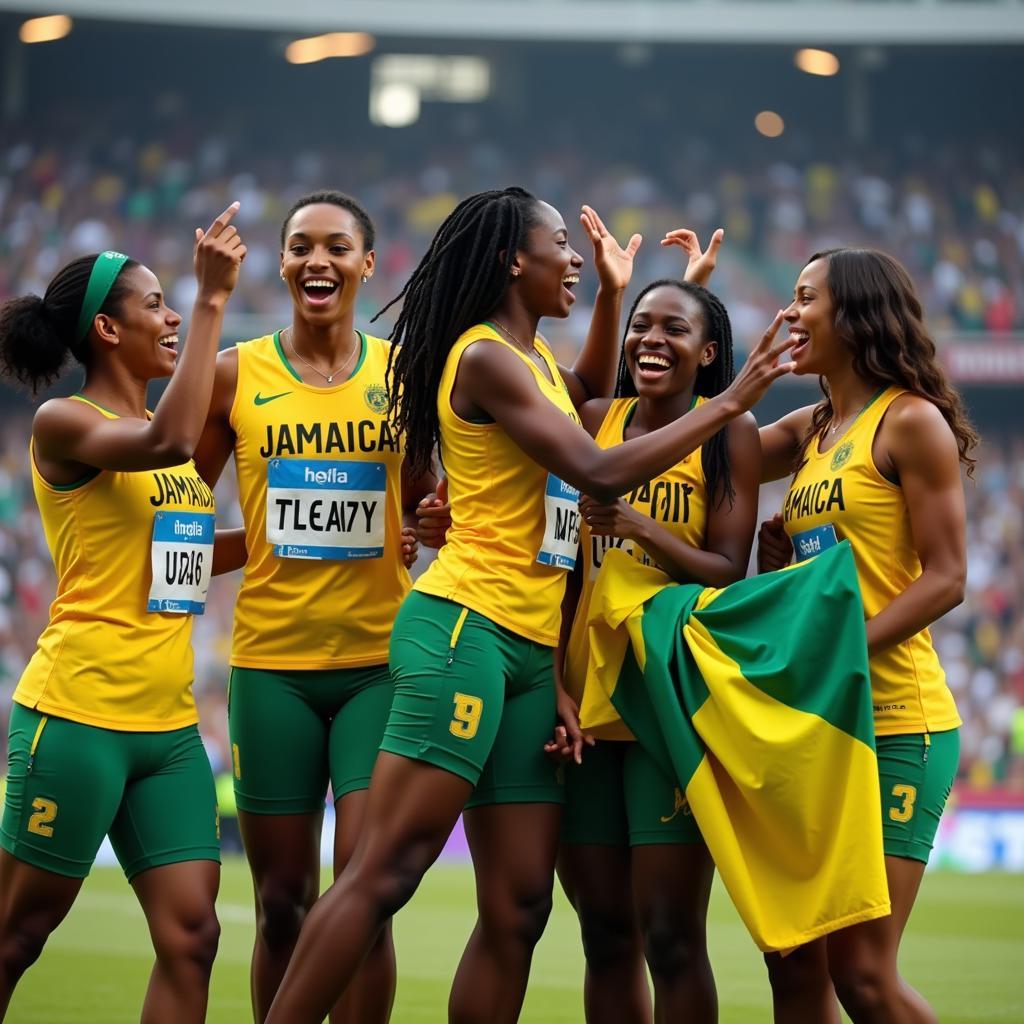 Jamaican athletes celebrating victory on the podium