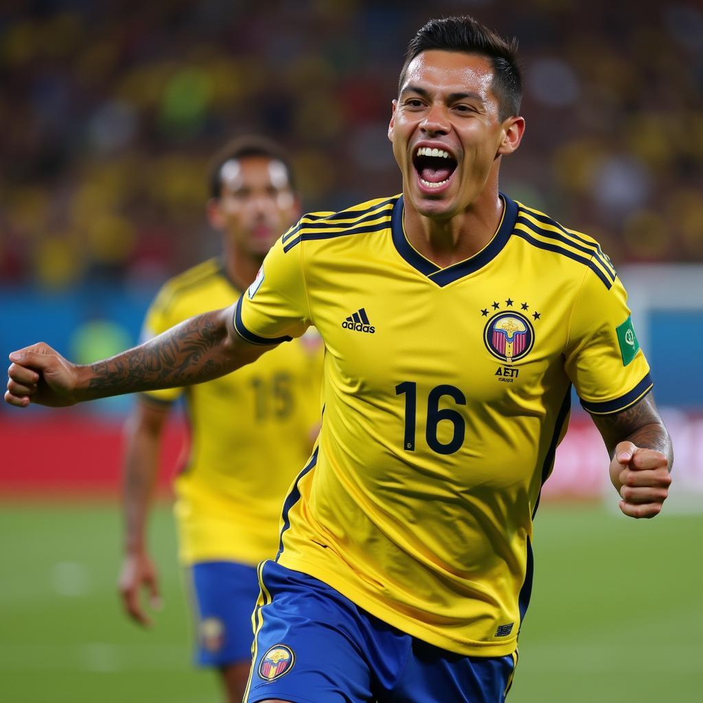 James Rodriguez celebrates a goal while representing the Colombian national team