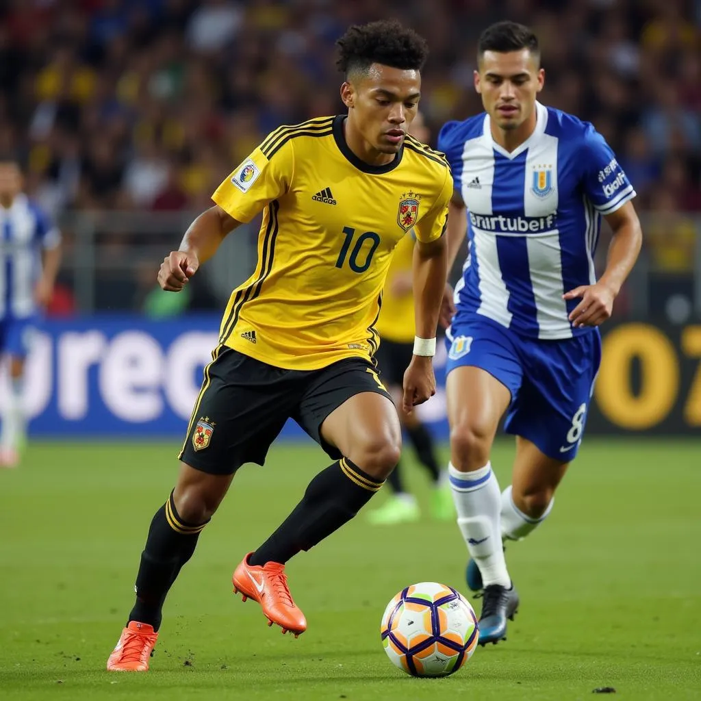 Jhon Murillo San Luis dribbling past a defender