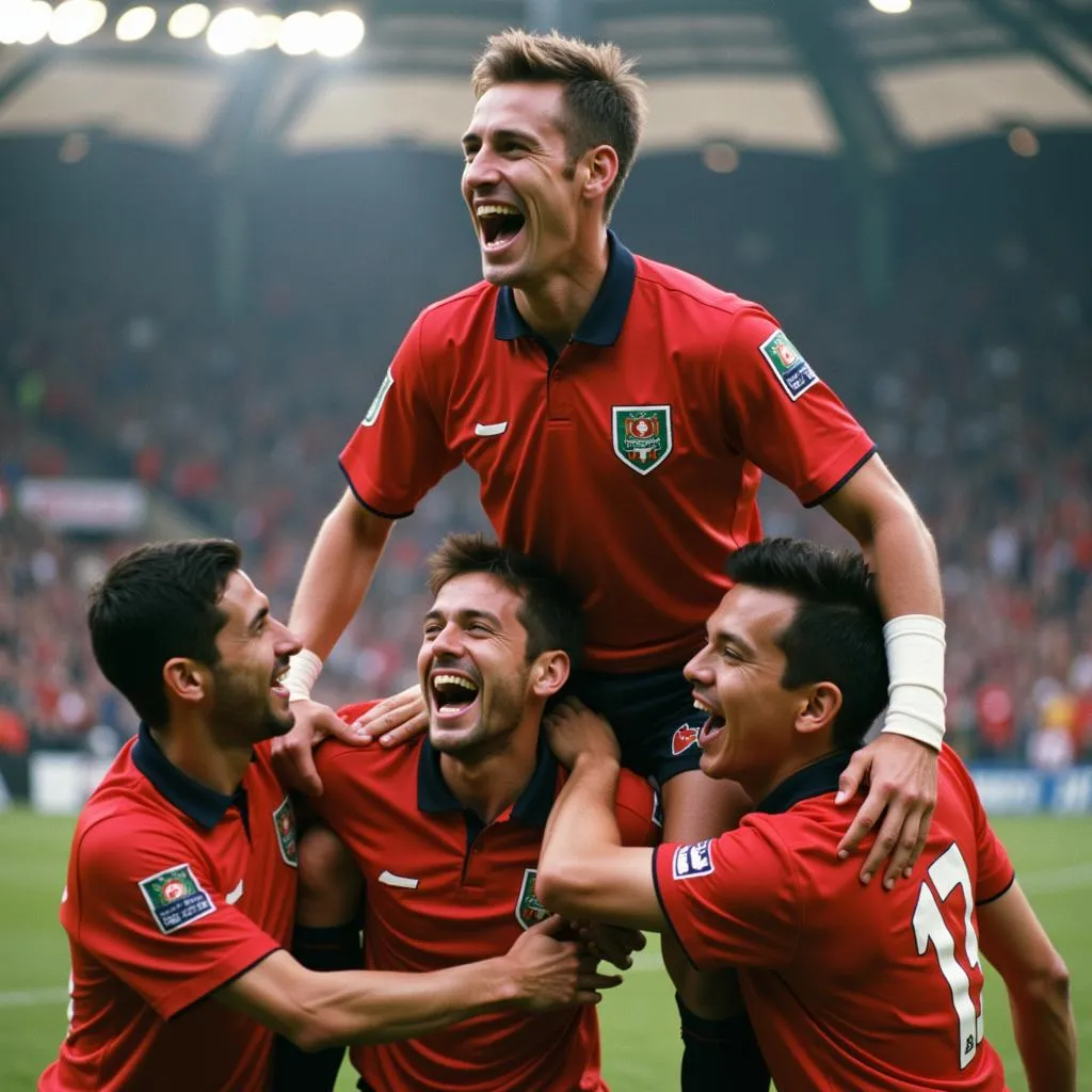 John Hart celebrating a goal, surrounded by elated teammates