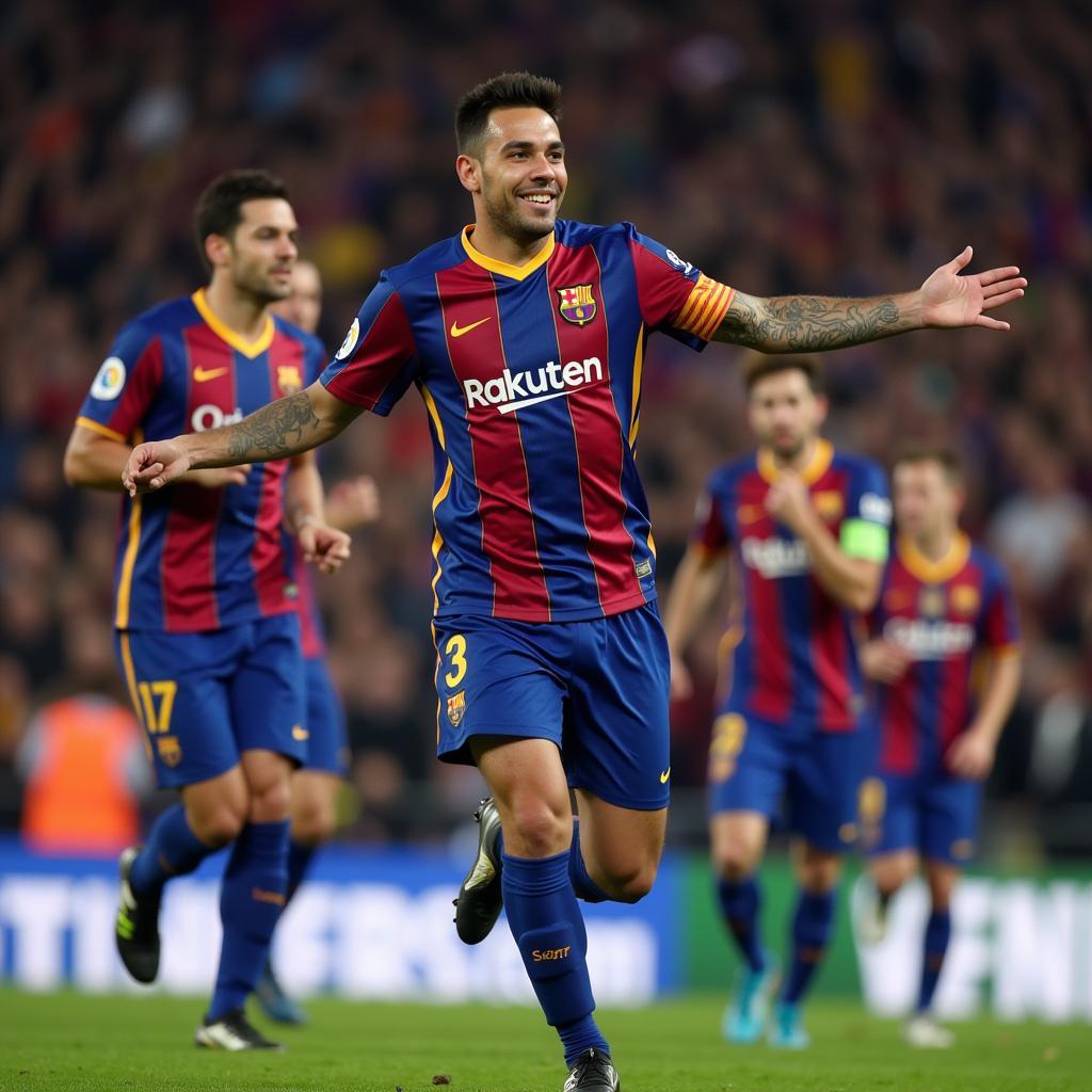 Jordi Alba celebrating a goal while wearing the Barcelona number 3 jersey.