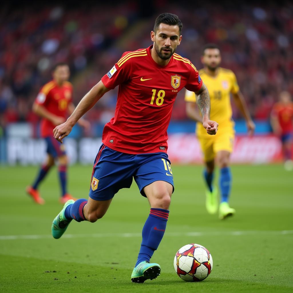 Jordi Alba in action for the Spanish national team wearing the number 18 jersey.