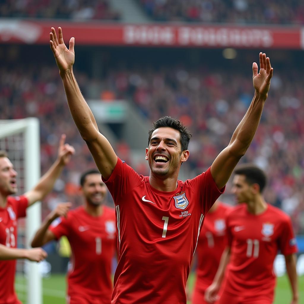 Jose Torres celebrates a goal with his teammates, showcasing his infectious enthusiasm